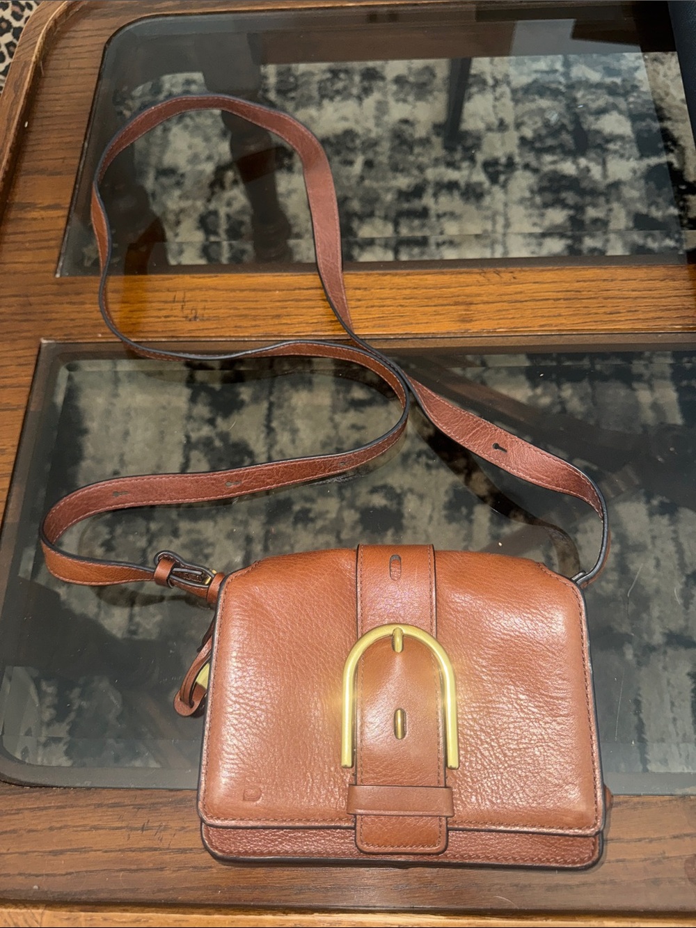 Fossil Brown Leather Crossbody with Gold-Tone Buckle